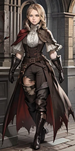 photorealistic, high resolution, soft light,1women, solo, hips up, look at viewer, (detailed face), bangs, edgBB, black gloves, belt, coat, torn clothes, capelet, red gloves gauntlets, vambraces, black capelet, hunter (bloodborne) woman wearing edgBB_outfit, outdoors, gothic architecture, jewelry, full body Forrest Fire Emblem twin drills blonde hair