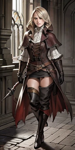 photorealistic, high resolution, soft light,1women, solo, hips up, look at viewer, (detailed face), bangs, edgBB, black gloves, belt, coat, torn clothes, capelet, red gloves gauntlets, vambraces, black capelet, hunter (bloodborne) woman wearing edgBB_outfit, outdoors, gothic architecture, jewelry, full body Forrest Fire Emblem twin drills blonde hair
