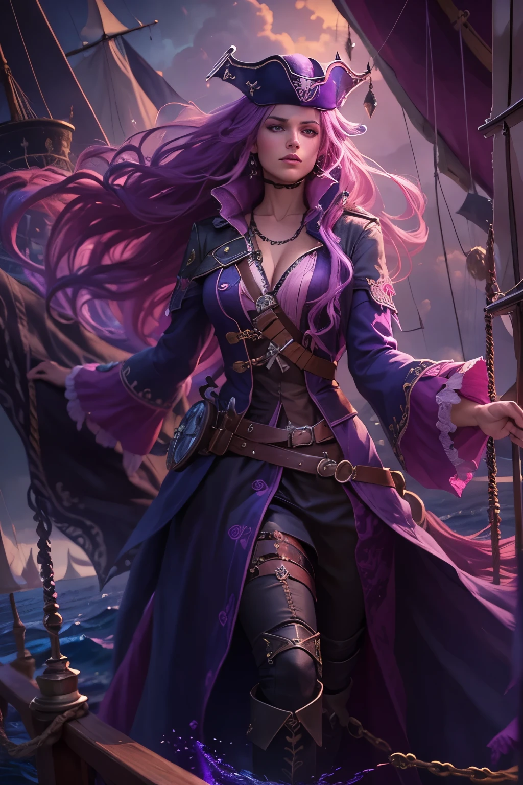 A female pirate with piercing blue eyes, long flowing hair, pink and purple hair, a long coat, sailing on a ship in dark waters, dramatic lighting, rich colors, digital art, highly detailed, cinematic, photorealistic