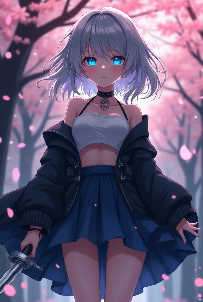 (((masterpiece))),(((Highest quality))),((Very detailed)),(shape),(Dynamic Angle), ((floating)),(paint),((Disheveled Hair)), (alone),(((The skirt is flipped up and the underwear is visible))), ((Girl in black coat)), (((Detailed anima face))),((Beautifully detailed body)),collar,Expose your shoulders,(((Mysterious and sparkling blue eyes)))Gray Hair, ((Colorful Hair)),((Striped Hair)), Beautiful attention to detail,(Gradient color eyes),(((Colorful eyes))), (((background))),(((High saturation))),(((Surrounded by colorful splashes))),(((Standing in front of the cherry blossoms in the night view))),,((Holding a sword))