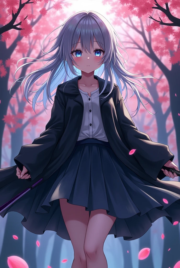 (((masterpiece))),(((Highest quality))),((Very detailed)),(shape),(Dynamic Angle), ((floating)),(paint),((Disheveled Hair)), (alone),(((The skirt is flipped up and the underwear is visible))), ((Girl in black coat)), (((Detailed anima face))),((Beautifully detailed body)),collar,Expose your shoulders,(((Mysterious and sparkling blue eyes)))Gray Hair, ((Colorful Hair)),((Striped Hair)), Beautiful attention to detail,(Gradient color eyes),(((Colorful eyes))), (((background))),(((High saturation))),(((Surrounded by colorful splashes))),(((Standing in front of the cherry blossoms in the night view))),,((Holding a sword))