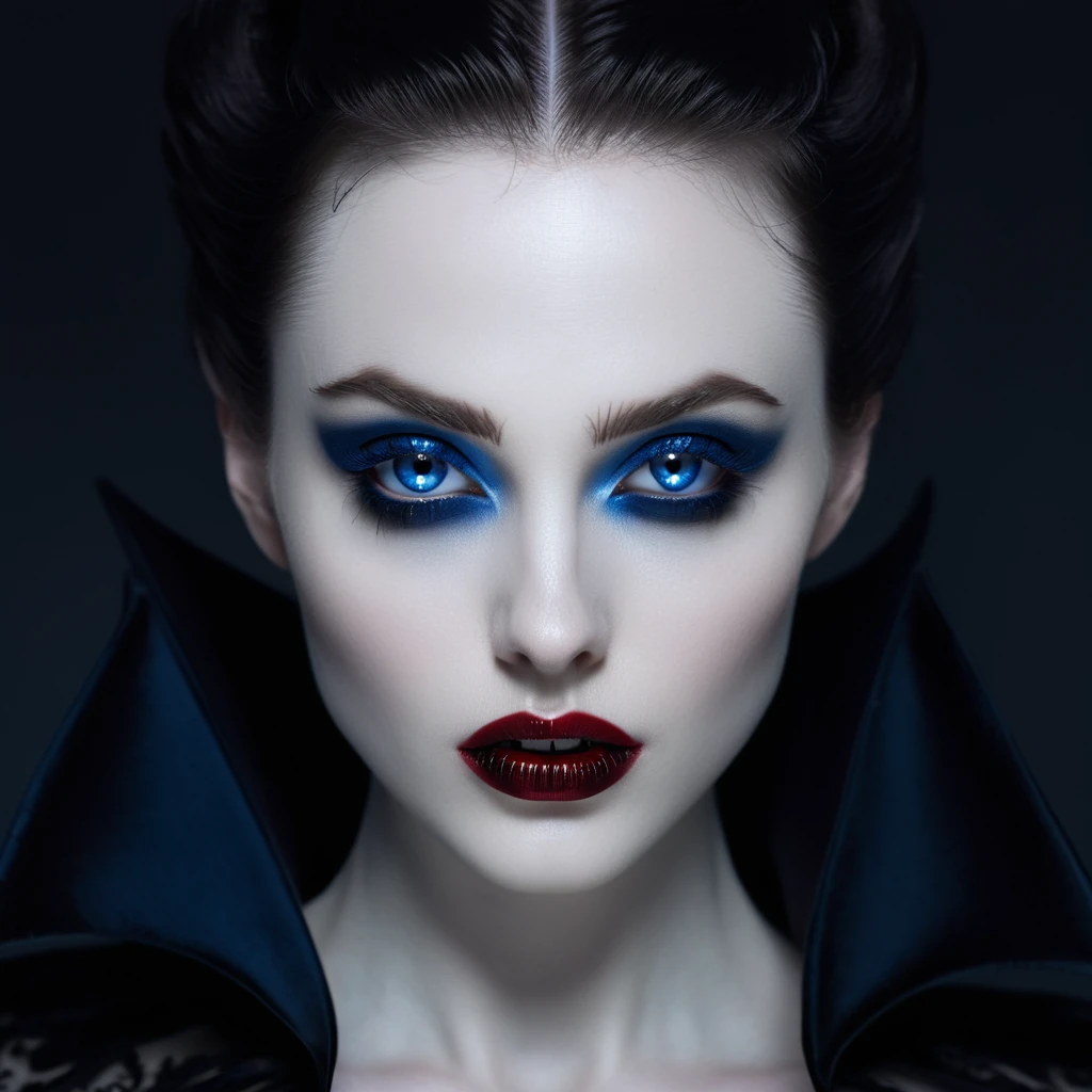 ((masterpiece)), ultra-realistic, portrait of a beautiful pale-skinned vampire with (black enamel), a deep dark makeup, bright blue eyes, in a dark and gloomy environment. (Prompt is in Portuguese)