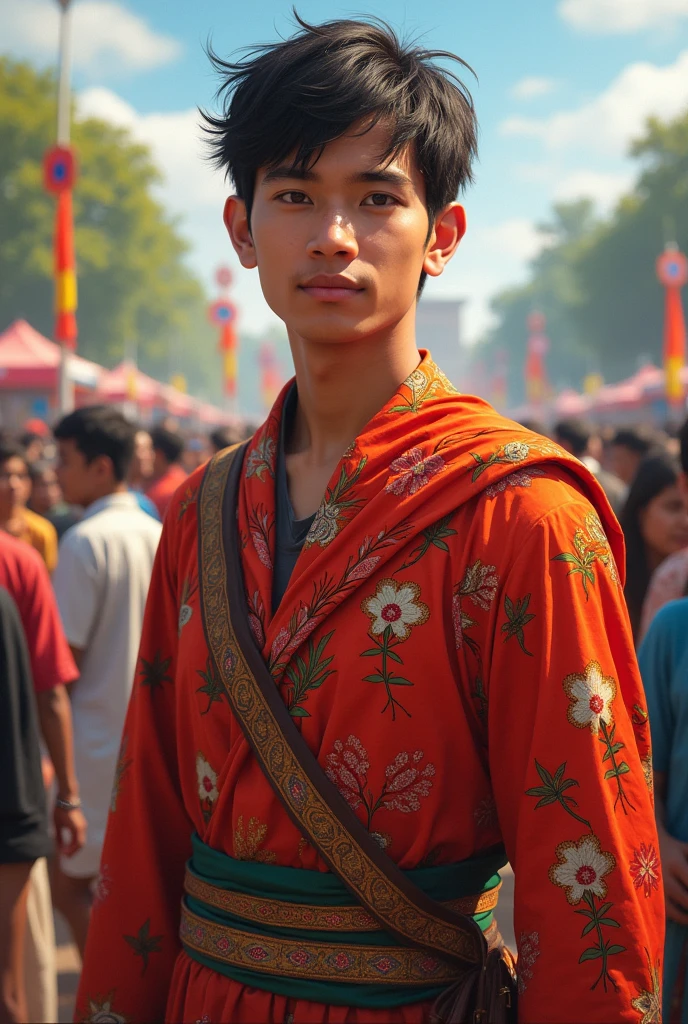 Show me a Bangladeshi student male 20 years old and he wear a bangladeshi cape and her back 2000 people