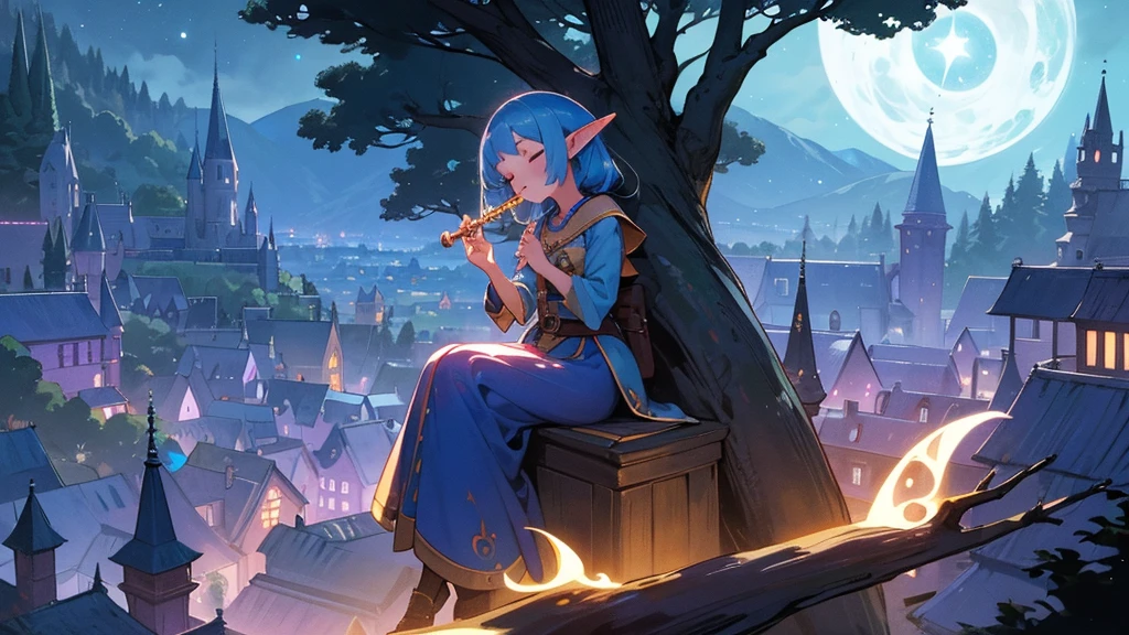 (((From diagonally left behind))), solo, Anime Elf girl playing flute while sitting gracefully on a tree branch ,magical atmosphere, panoramic fantasy night landscape,  town in the forest can be seen, with charming houses, winding streets illuminated by moonlight, closed eyes, she wear long witch outfit