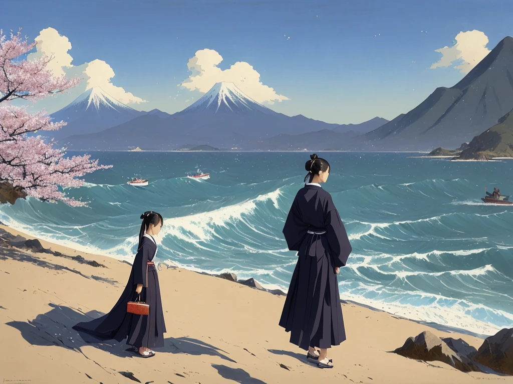 16 year old Chinese girl, Portrait of a standing woman,
Background painting of waves with a boat in the middle and sky with clouds and mountains, (Kanagawa Okinami Ura),
Cherry blossoms in the background,
(Atey Gailan, by Jeremy Mann, Greg Manchess, Antonio Moro), Trending on Art Station, Trending on CGSociety, Complex, Attention to detail,
Sharp focus, dramatic, photorealistic painting art by midjourney and ((Greg Rutkowski)), Background blur, by (Katsushika Hokusai)