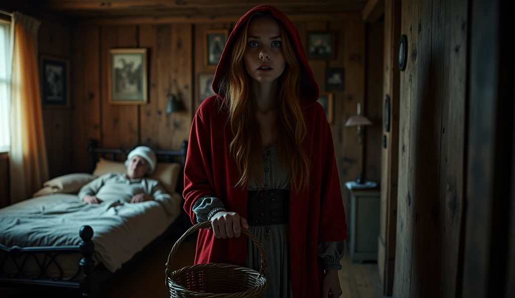 High-contrast photo of a beautiful 23-year-old Russian woman as Red Riding Hood, with long auburn hair and piercing blue eyes, entering a dimly lit bedroom with a mix of fear and curiosity on her face, holding a wicker basket, full body framing, confronting an anthropomorphic wolf poorly disguised as her grandmother in bed, wearing a nightcap and comically oversized glasses, in a rustic cabin interior, dramatic chiaroscuro lighting emphasizing shadows, shot from a slightly low angle, on a Canon EOS R5 with a 24mm wide-angle lens for a sense of unease, (film noir aesthetic:1.3), in the style of (Gregory Crewdson:1.4) meets (Tim Burton:1.2)