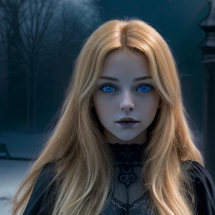 (чрезвычайно подробные обои CG Unity 8k,masterpiece, Best quality, ultra detailed),(Better lighting, best shadow, very gentle and beautiful),floating,high saturation,blonde hair+Blue eyes:1.2,Gloomy Gothic landscapes, long hair, look into the distance. (Beautiful girl with long blonde hair and sparkling blue eyes, gothic lighting)