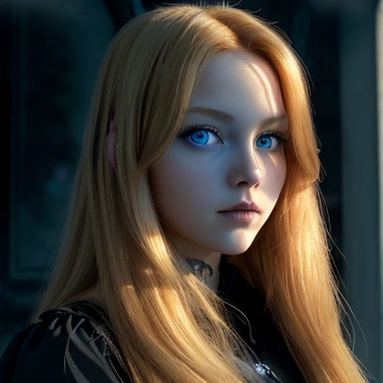 (чрезвычайно подробные обои CG Unity 8k,masterpiece, Best quality, ultra detailed),(Better lighting, best shadow, very gentle and beautiful),floating,high saturation,blonde hair+Blue eyes:1.2,Gloomy Gothic landscapes, long hair, look into the distance. (Beautiful girl with long blonde hair and sparkling blue eyes, gothic lighting)