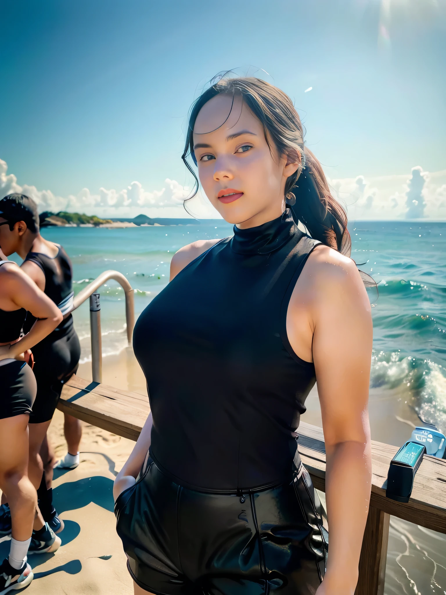 1girl, solo, (uniform), standing, at the beach, beautifully ocean scenery, detailed face, cute face, detailed eyes, thick breasts, smooth realistic skin, black short tight latex tanktop, black latex hot pants, looking at the audience, low angle shot,(8k, RAW photo, best quality, masterpiece: 1.2), (realistic, realistic: 1.37), ultra-high resolution