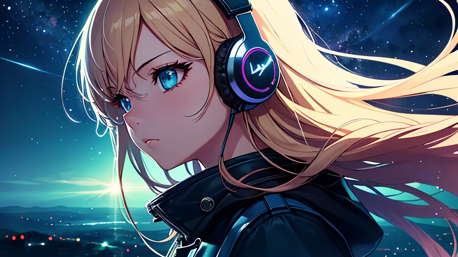 Anime girl with headphones looking at the stars - SeaArt AI