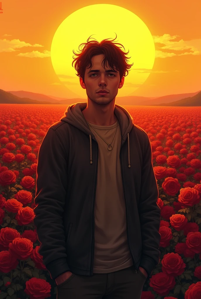 A homeless man around the age of 30 is young and beautiful inside but his clothes are neglected,
Standing in front of the beautiful yellowish sunset,
There are lots of roses on the horizon,
Roses in reddish rosy colors