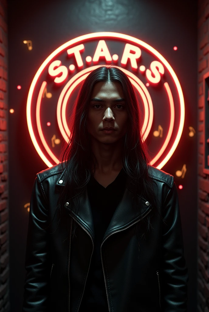 In the night at the secret meeting side room , Very long-hair Indonesian toraja young man, sweet and cute face , hyper realistic detaill pore and line skin face, wearing a leather jacket, realistic, looking at the viewer, the back wall of the room has a round logo that says "S.T.A.R.S", letters embossed from clear red and white acrylic with gold dust, glowing corners, black natural stone background, surrounded by neon lines and clear color music note symbol lights up, the outer frame of the engraving line lights up softly, part of the logo is dark, realistic complex light ,8K,4D,HDR, hyper realistic,cinematic lighting,real sunlight lighting from the right side