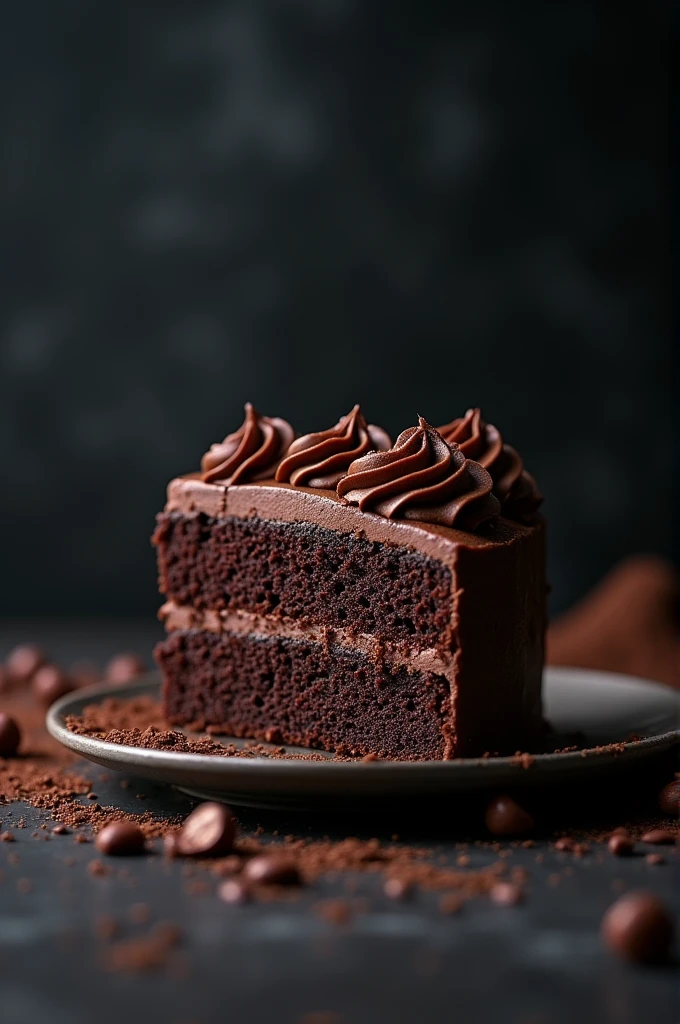cinematic film still chocolate, chocolate cake, dark background, quality photo, moist texture, frosting, studio photo, slice . shallow depth of field, vignette, highly detailed, high budget, bokeh, cinemascope, moody, epic, gorgeous, film grain, grainy