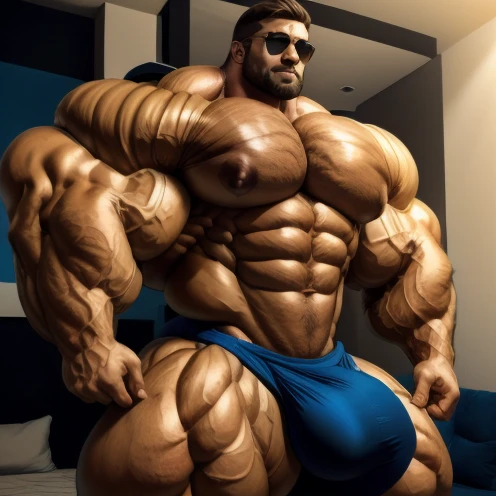 hyper growth, hyper muscles, brutalmass, muscular male, a young and very handsome man, perfect, normal and beautiful face, sunglasses, shirtless, exaggeratedly muscular body, exaggeratedly huge muscles, exaggeratedly huge arms, exaggeratedly huge pecs, exaggeratedly huge biceps, exaggeratedly huge bulge bulging out his underwear, in an apartment