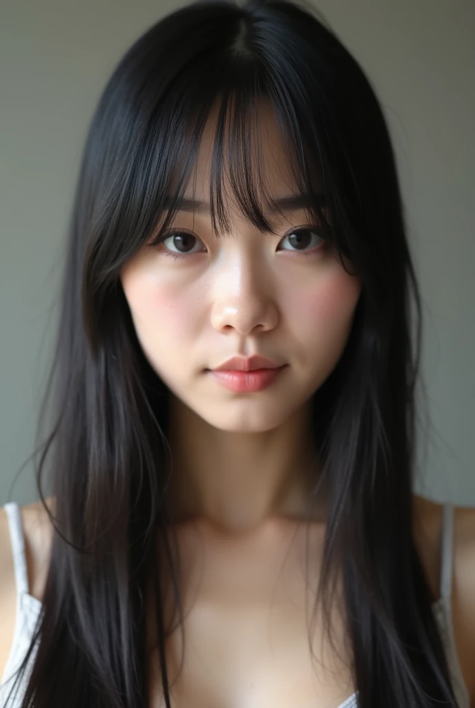 Front view of a Japanese woman with straight black hair having a penis inserted