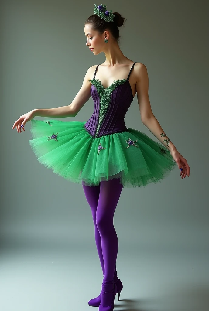 Balanchine style tutu (short tutu) green with purple tights . Green and violet are strong colors , and the corset-like piece , the green corset. With violet tips