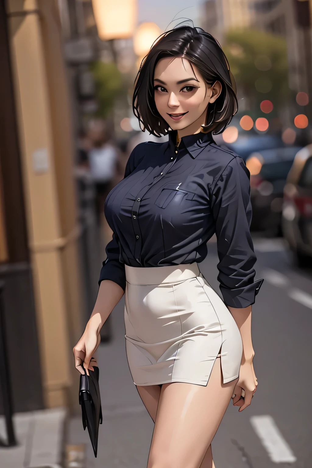 (masterpiece:1.2, Highest quality), (practical, photopractical:1.4), High quality illustrations, (Natural Side Light, Cinema Lighting), Surrealism, 
View your audience, 1 female, 40 years old, Perfect Face, Glowing Skin, 
(short hair, Straight hair), Brown eyes, Long eyelashes, (Large Breasts, Attractive thighs)
Beautiful Hair, Pretty face, Attention to detail, Beautiful body, Beautiful breasts, Beautiful thighs, Beautiful feet, Beautiful fingers, 
(Wear a police uniform and a short skirt),  
(Beautiful views), night, (street:1.2), walk, (Beautiful smile, Open your lips slightly)