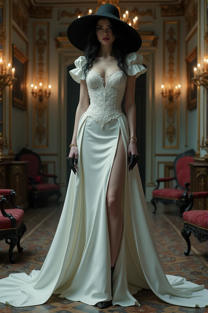 1 woman, luxury palace background, Alcina Dimitrescu, masterpiece,Lady dimitrescu resident evil clássic long sexy white dress and black hat, high definition, 8k, very long Black nails, very sexy, dramatic light, cinematic