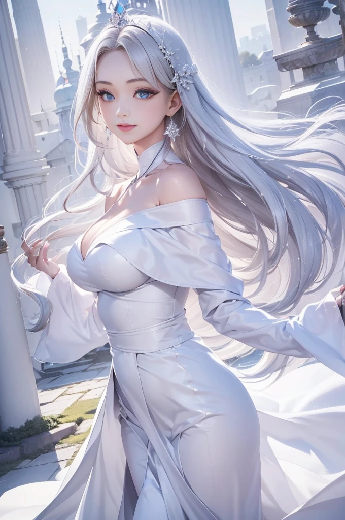 ((1 girl, solo:1.5, alone))Night view,star,(White Haired Girl:1.3),((masterpiece))、(detailed)、(Backlight)(A fantastic atmosphere、Ancient Capital、Amazing beauty images、white dust、Light and dance-like、Suspended particles), (Black Dress、Long dress with sleeves、Expose your shoulders、Off the shoulder)、(Gray hair that changes with light、length, Lustrous gray hair、WHITE hair fluttering in the wind)、(Beautiful white and shining skin、Cheek Gloss Highlighter、Sexy and very beautiful and adorable face、The most beautiful face in the world、big, Sparkling Blue Eyes)、(Cute 25 year old girl、beautiful medium-sized breasts、Great cleavage, Tight waist、Delicate shoulders、Slim figure)
