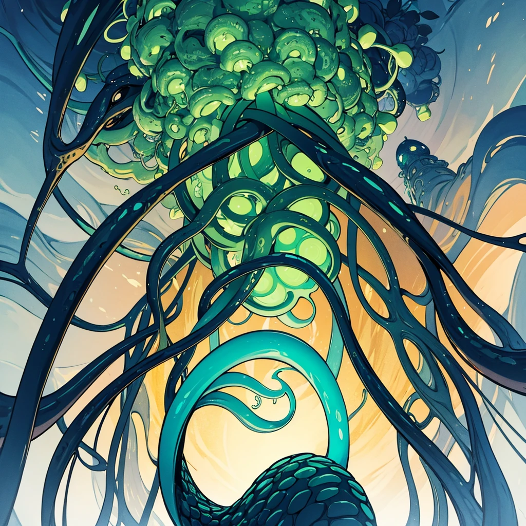 (No humans)、An alien tentacle creature with tentacles branching out from its body、From below