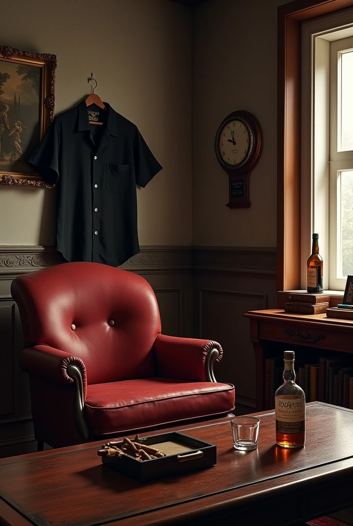 I create a visual of a room like a mafia boss's office, an office desk in front of the armchair, a bottle of whiskey and a full glass of cigars on the table, a box of cigars with the top open, a half-smoked lit cigarette in an ashtray, a clock on the right wall of the room, a roman numeral clock reading 09 10, a library on the right side of the armchair or chair behind, a window next to the library so that light enters from the window, and on the left wall of the room, a short-sleeved black shirt hanging on a nail on the wall with a hanger, the buttonholes of the shirt should be open and on the side of the shirt there should be a painting resembling blood, graves and death, the theme of the room should be a little cult, it should resemble the Middle Ages a little, it should be a mafia room with a Florence France theme, it can also resemble an office, in other words, it should have an angle as if it were facing someone sitting on the armchair, in other words, all of these things should fit on a phone screen