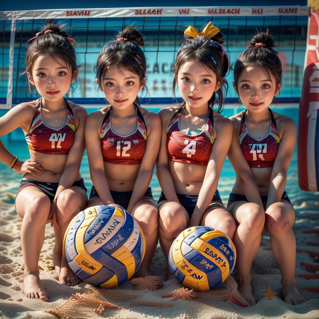 ExtremelyDetailed (((Beach Volleyball Team Kawaii Kids in a row:1.4))), Childish perfect face, Reflective Eyes, Detailed(Delicate Clothing textures), Corrected Leg to Foot Line, Corrected Perfect Hand, Dynamic Joyful Expressions LifeLike Rendering, (Specular Reflection:0.5), TopQuality 8K Ultra-detailed masterpiece (ProfessionalPhoto:1.37), (Acutance:0.8), (Luminism:1.28),