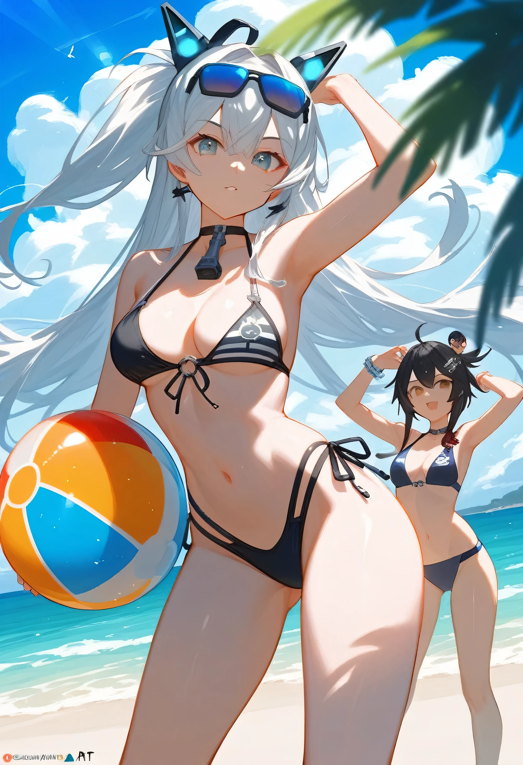 three anime girls in bikinis posing for a picture, Shingekinokyojin art style, pixiv, serialized art, wearing swimsuits, anime moe art style, kantai collection style, edgy anime style, on a beach, anime girls, edgy style, edgy, cartoon render animation, on the beach, swimsuits, holographic live stream