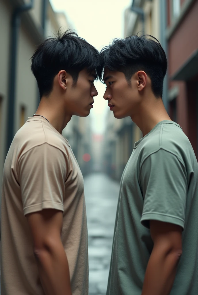 Two young men in t-shirts stand back to back, hostile (Korean Face)
