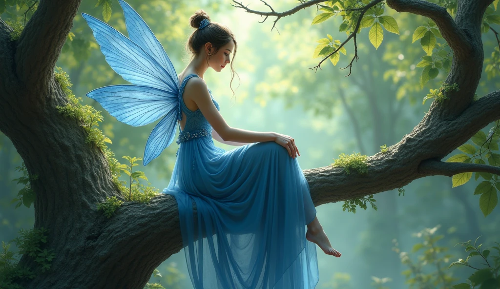 
arafed woman in a blue dress sitting on a tree branch, an airbrush painting inspired by Anne Stokes, Artstation contest winner, fantasy art, epic fantasy art style hd, fairy queen, queen of the fairies, fantasy art style, beautiful fairy, portrait of fairy, beautiful fantasy art, amazing fantasy art, beautiful adult fairy, faerie