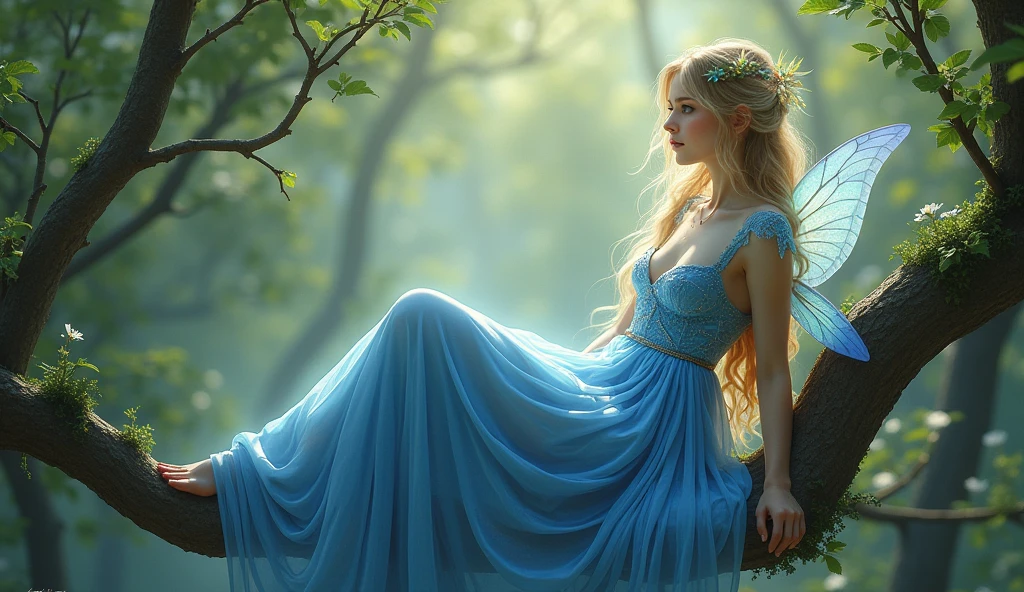 
arafed woman in a blue dress sitting on a tree branch, an airbrush painting inspired by Anne Stokes, Artstation contest winner, fantasy art, epic fantasy art style hd, fairy queen, queen of the fairies, fantasy art style, beautiful fairy, portrait of fairy, beautiful fantasy art, amazing fantasy art, beautiful adult fairy, faerie