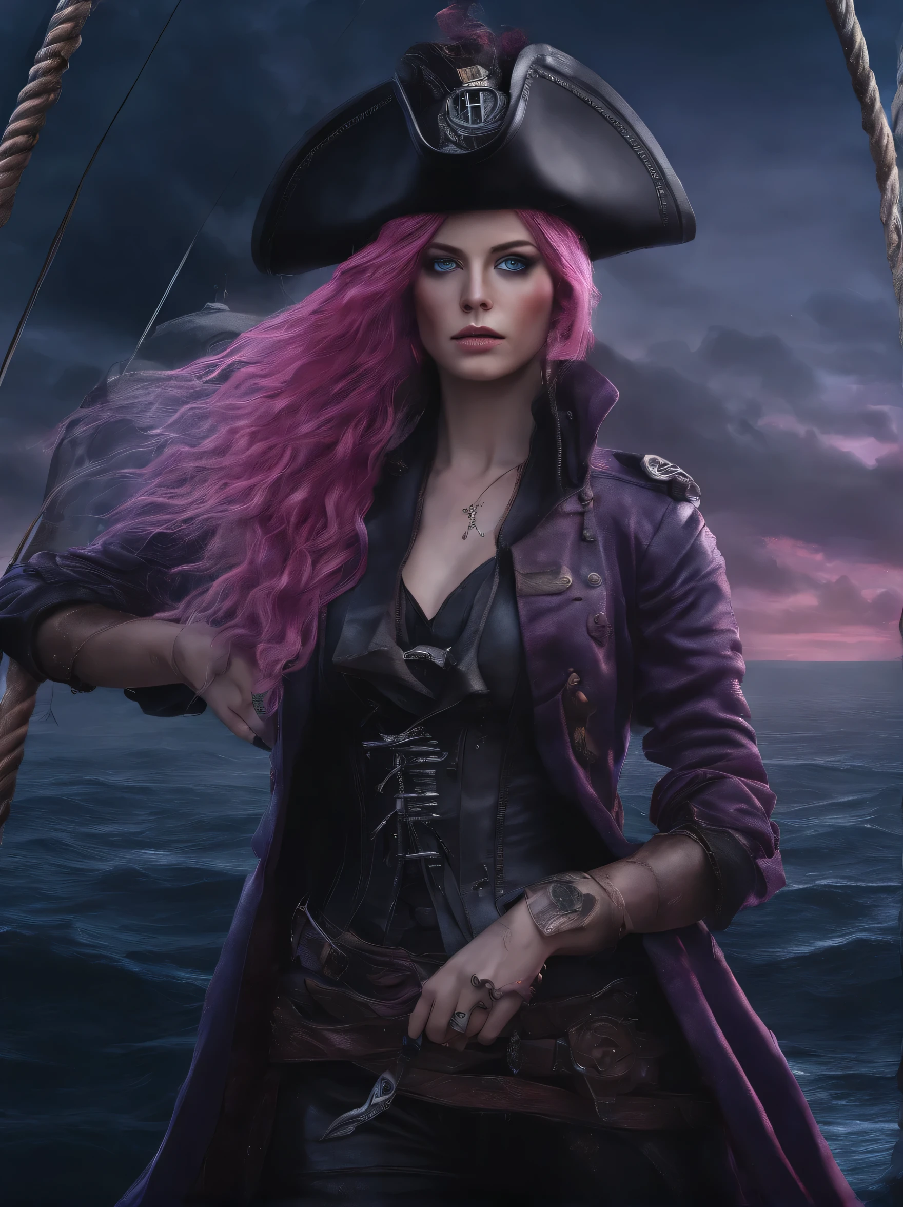 A female pirate with piercing blue eyes, long flowing hair, pink and purple hair, a long coat, sailing on a ship in dark waters, dramatic lighting, rich colors, digital art, highly detailed, cinematic, photorealistic