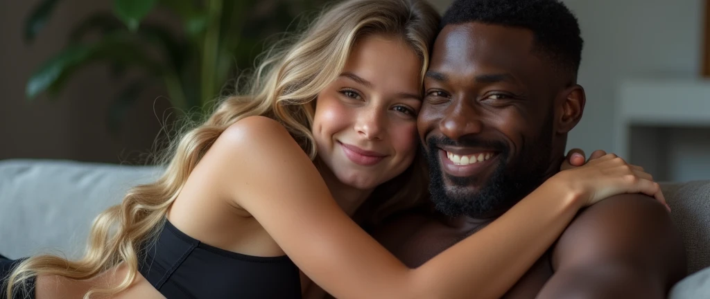 A beautiful young shy teen  cutie girl with wavy blond long hair, wearing black bra, lying on the couch, with pretty large boobs, smiling hugs with a black adult man 