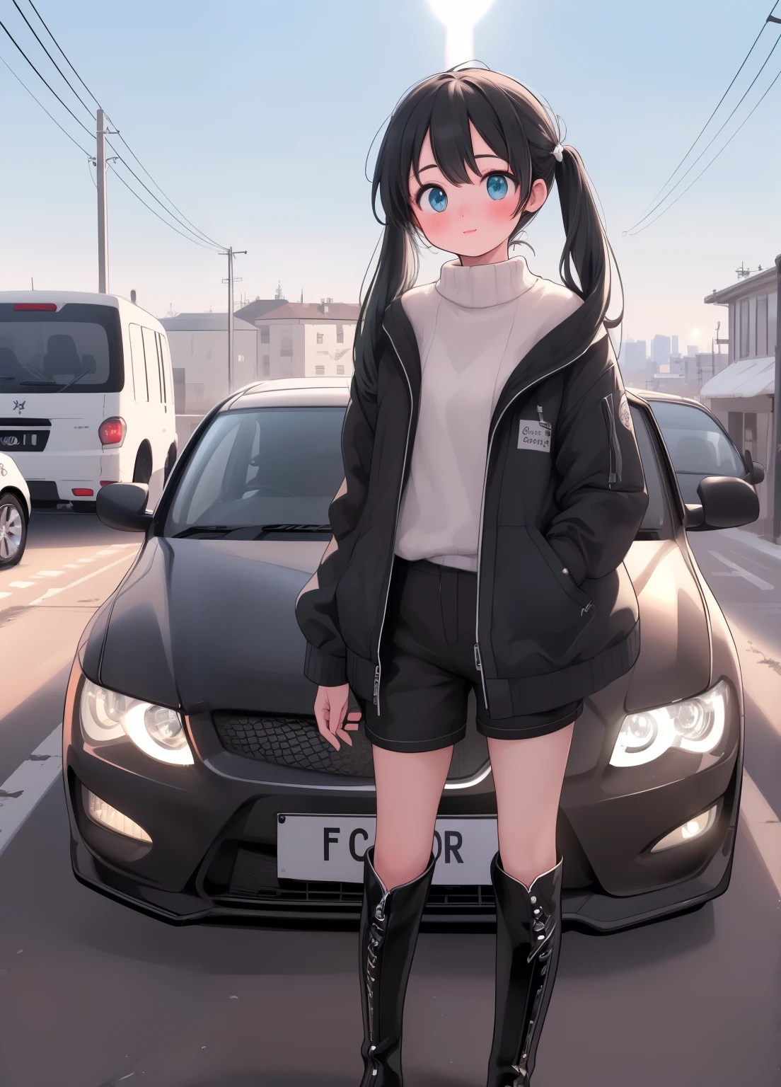 (masterpiece、Highest quality、Highest quality、Official Art、Beautiful and beautiful:1.2)、(One girl:1.3)Hatsune Miku、Twin tails,Beautiful breasts, Katsushika Hokusai,(masterpiece, Highest quality), Backlight, Lens flare, Wide Shot, Fisheye Lens , (Face Focus, Depth of written boundary, close: 1.5), Super Detail, figure, colorful, (Fault Color: 1.3), (Immidshot: 1.3), video, Wide-angle, Upper Body, (((One girl))), (Are standing, Stand in front of the car:2), (1 set), nsx, miku hatsune, Spotless, Dark green hair, Twin tails, Very long hair, Put your arms behind your back, blue eyes, Glowing Eyes, Relaxed face, Eyebrow hair, Shiny Hair, Glowing Skin, A light smile, Black bodysuit, Cropped jacket, White jacket, Thigh-high boots, bright, Beautiful detailed sky, city, street,