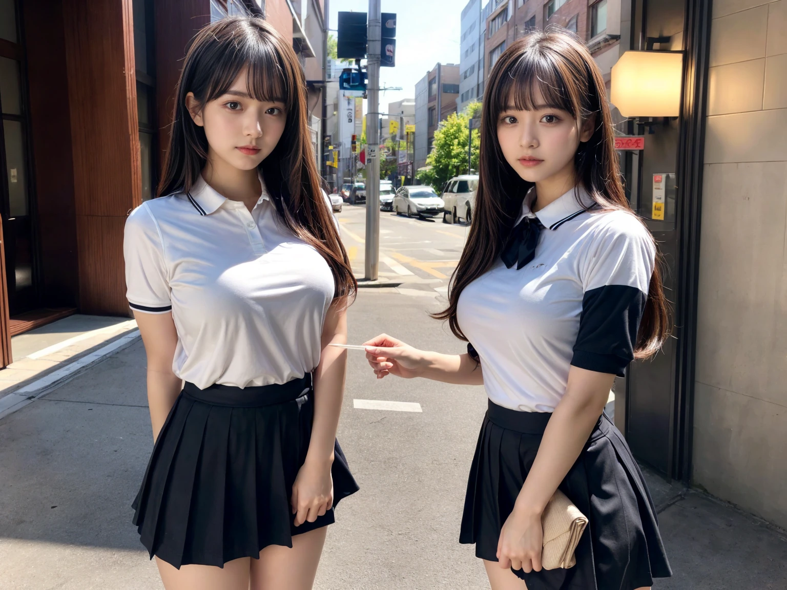 master piece, best quality, illustration, Super detailed, fine details, High resolution, 8K,wall paper, perfect dynamic composition,(Details High quality, realistic depiction of eyes:1.3), (2girls), standing, short hair, (wavy hair:1.2), (short sleeve collared dress shirt,tight skirt,thighhighs,zettai ryouiki:1.4), black hair color, Big Natural Color Lip, bold sexy pose, crying a little, Harajuku style、acrobatic pose, 20 year old girl、cute type、lolita、beautiful legs, gravure idol, Japanese idol, huge breasts, expresses the roundness and softness of your chest