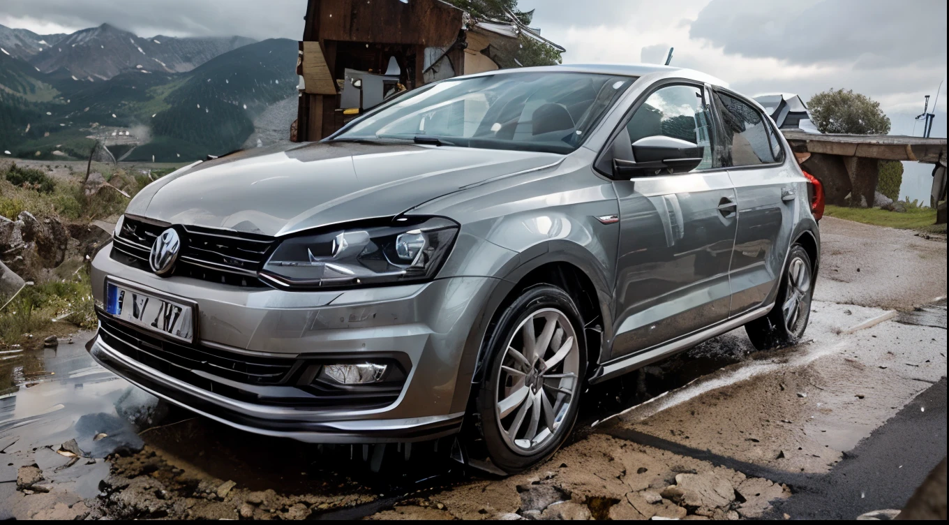 silver, Volkswagen Polo 6R, Driving on the road, Mountains, rain, reflections.