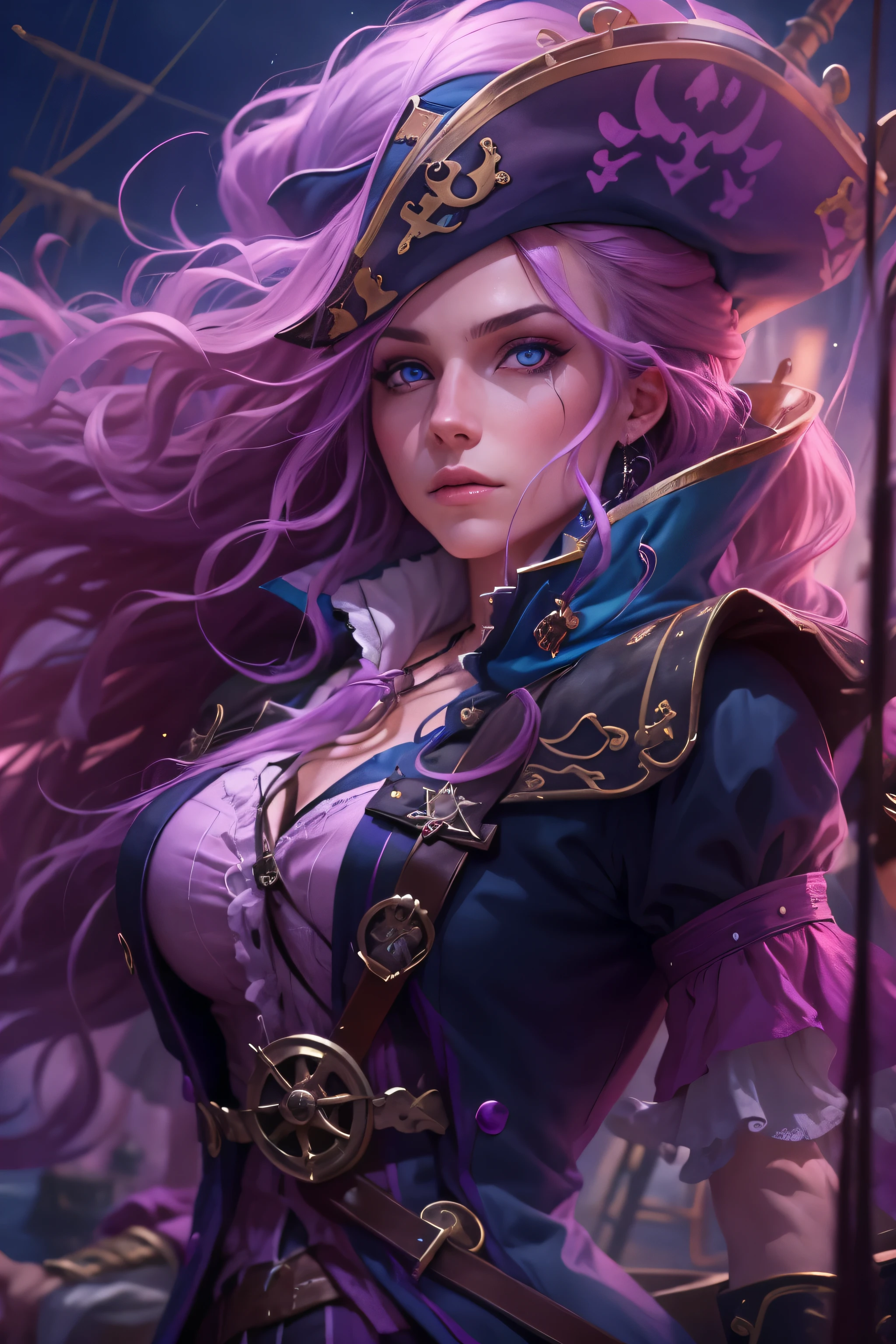 A female pirate with piercing blue eyes, long flowing hair, pink and purple hair, a long coat, sailing on a ship in dark waters, dramatic lighting, rich colors, digital art, highly detailed, cinematic, photorealistic