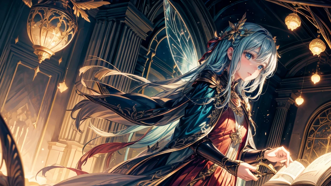 There is a fairy scene inside、Illuminated book with fairy lights around it, Art Book artwork, fantasy book illustration, fairy tale artwork, Magic book, Concept Art Magic Highlights, Art Book, Storybook Art, Complex and epic composition, Holy Fire Spell, Anime fantasy illustration, Anime Art Nouveau Space Display, Infinite Celestial Library, Magical atmosphere + masterpiece, Epic light novel art cover, A fairy pops out of a big book, 