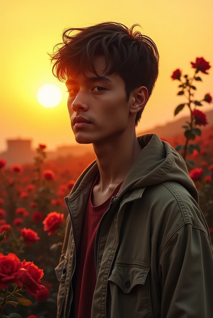 A homeless man around the age of 30 is young and beautiful inside but his clothes are neglected,
Standing in front of the beautiful yellowish sunset,
There are lots of roses on the horizon,
Roses in reddish rosy colors