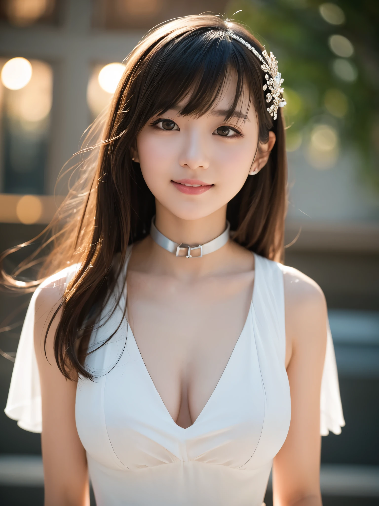 ((party:1.3)), present、masterpiece, Highest quality, 8k, tiara、1 girl, smile、20 近い up of face, alone, cute, Girlish, Delicate girl, Pure beauty, ((look up)),  ((Looking into the camera:1.3))、RAW Photos, Professional photography, Portraiture, Soft Light, Professional Lighting, Backlight, Looking forward to meeting you, Sophisticated, Film Grain, (Eye and facial details:1.0), Big breasts and long hair floating, dress, bondage, collar,beautiful, Flowing Hair, Hunchback、bangs, whole body