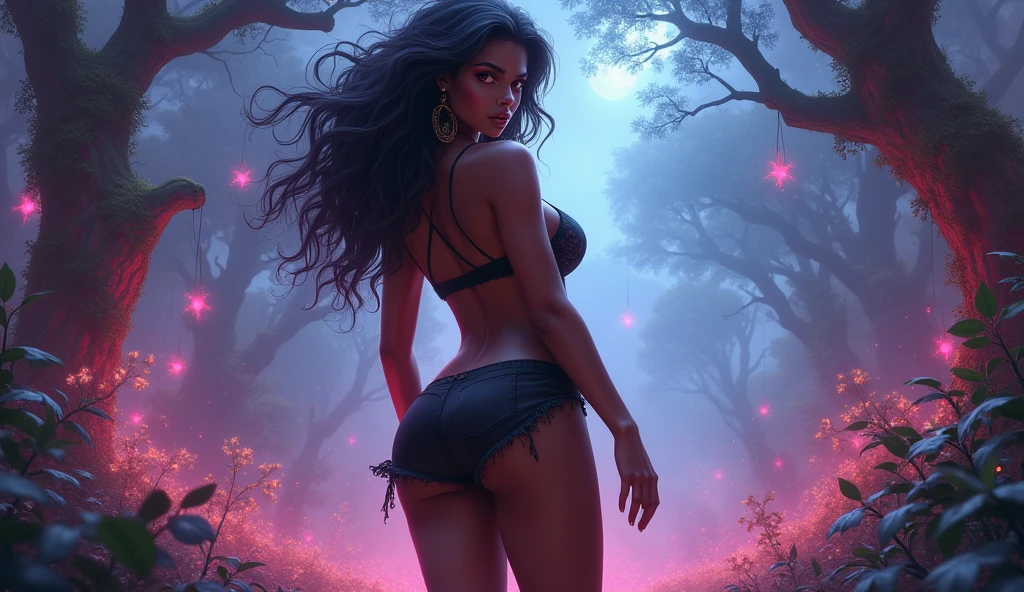 (Best Quality, 8K, Masterpiece: 1.2), Beautiful Fantasy Art, Magical Fantasy World, Cute and Sexy Teen, Dark Skin, Body Model, Ultra Detailed big Breasts, Skimpy and Sexy Clothes,Mini Skirt, Pencil Skirt, Detailed Beautiful Eyes, Long Eyelashes, Detailed Nose and Lips,(The Girl's Pose Is Provocative and Erotic), Dramatic Lighting, Vibrant Colors, Fantasy Landscape, Brilliant Magical Aura,from behind, from below
