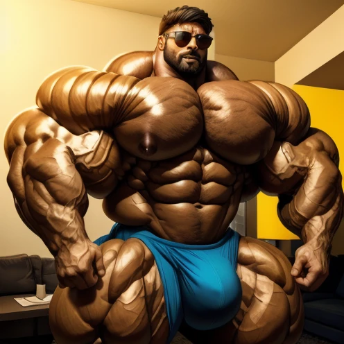 hyper growth, hyper muscles, brutalmass, muscular male, a young and very handsome man, perfect, normal and beautiful face, sunglasses, shirtless, exaggeratedly muscular body, exaggeratedly huge muscles, exaggeratedly huge arms, exaggeratedly huge pecs, exaggeratedly huge biceps, exaggeratedly huge bulge bulging out his underwear, in an apartment