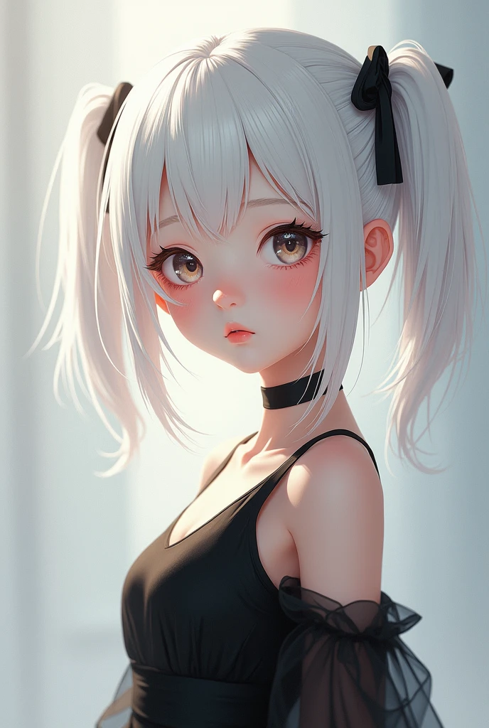 a cute and beautiful girl with white hair with two short ponytails on the right and left sides and wearing a black dress