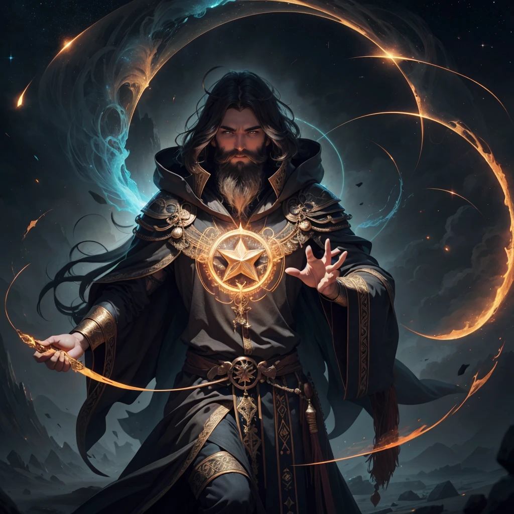 (A high resolution:1.2) An ancient wizard dressed in a flowing cloak, commanding the forces of magic. One hand is raised, channeling a brilliant spell that pierces the sky, while a radiant beam of light emanates, creating a celestial symbol. Glowing runes and arcane symbols swirl in the air. The other hand hovers with a glowing staff, crackling with energy. His long beard and hair ripple with mystical power. An aura of pure magic encircles him, with shimmering sparks and ethereal smoke. His eyes glow faintly with otherworldly light, lips moving in a powerful chant. Magic pulses from his fingertips, warping reality and space around him. The background is filled with ancient ruins and enigmatic relics, under a starry sky lit by constellations. The scene is bathed in moonlight, as he casts a spell that sends waves of energy back into the cosmos.