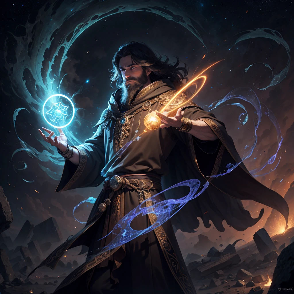 (A high resolution:1.2) An ancient wizard dressed in a flowing cloak, commanding the forces of magic. One hand is raised, channeling a brilliant spell that pierces the sky, while a radiant beam of light emanates, creating a celestial symbol. Glowing runes and arcane symbols swirl in the air. The other hand hovers with a glowing staff, crackling with energy. His long beard and hair ripple with mystical power. An aura of pure magic encircles him, with shimmering sparks and ethereal smoke. His eyes glow faintly with otherworldly light, lips moving in a powerful chant. Magic pulses from his fingertips, warping reality and space around him. The background is filled with ancient ruins and enigmatic relics, under a starry sky lit by constellations. The scene is bathed in moonlight, as he casts a spell that sends waves of energy back into the cosmos.