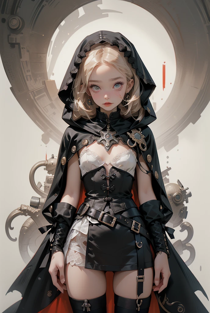 (((masterpiece, of the highest quality, super detailed))), (a witch belonging to an occult order of knights), (a knight crossed with a witch), Victorian era inspired, ((minimal but intricate beautiful armour)), Fluttering lace flared dress with frilly petticoats, ((nier automata meets bloodbourne)), ((((Highly detailed face))), (big forhead:1.2), (((Very sharp focused eyes))), very long eyelashes, small , (((flat chest:1.1))), occult aesthetic, (red and white clothing detailed and intricate steampunk and detailed gothic), (with a hood), complex lace boots,