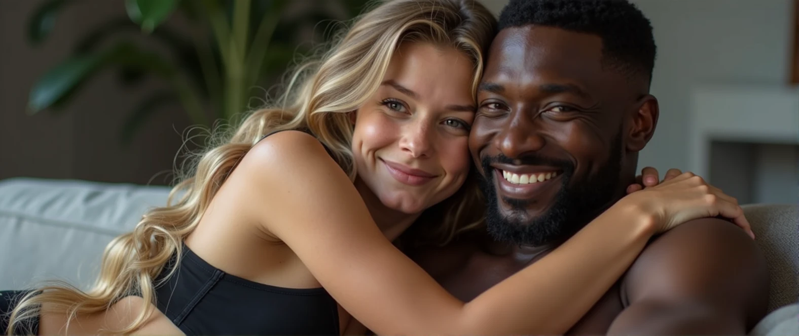 A beautiful young shy teen  cutie girl with wavy blond long hair, wearing white lingerie, lying on the couch, with pretty large boobs, smiling hugs with a black adult man interracial