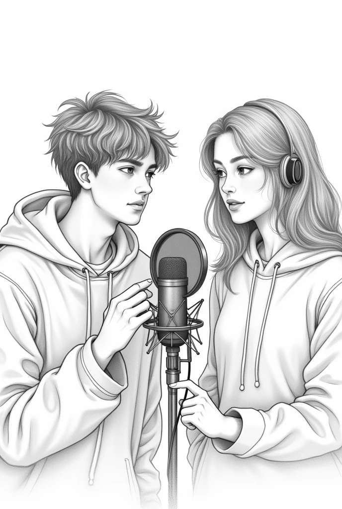 A pencil sketch of a A 19 years old boy recording on a microphone with a friend producing