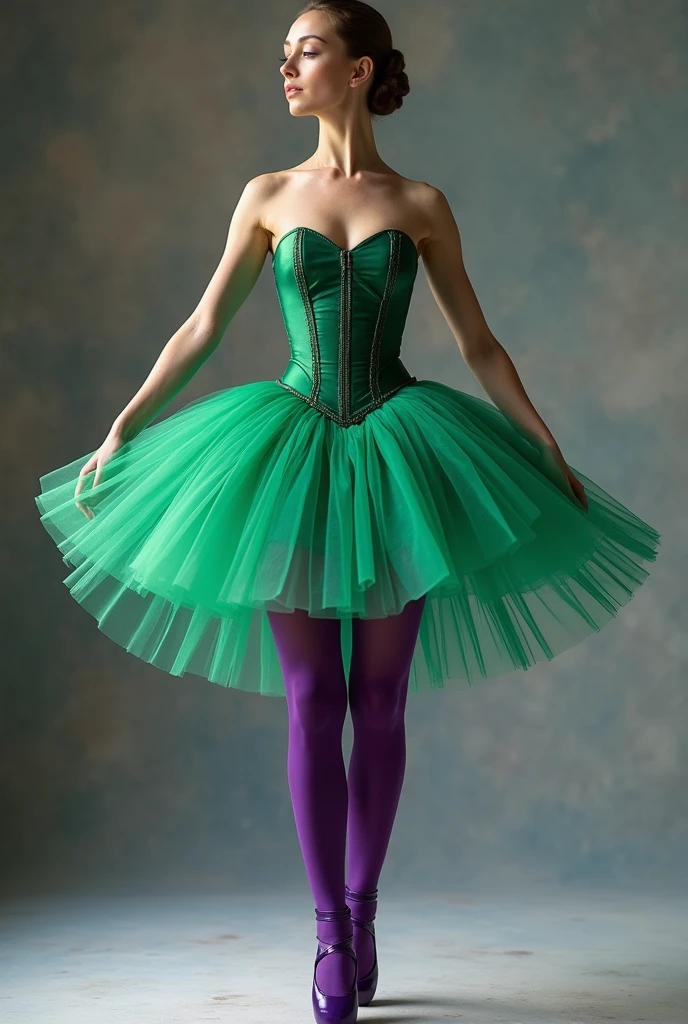 Balanchine style tutu (short tutu) green with purple tights . Green and violet are strong colors , and the corset-like piece , the green corset. With the purple pointe shoes