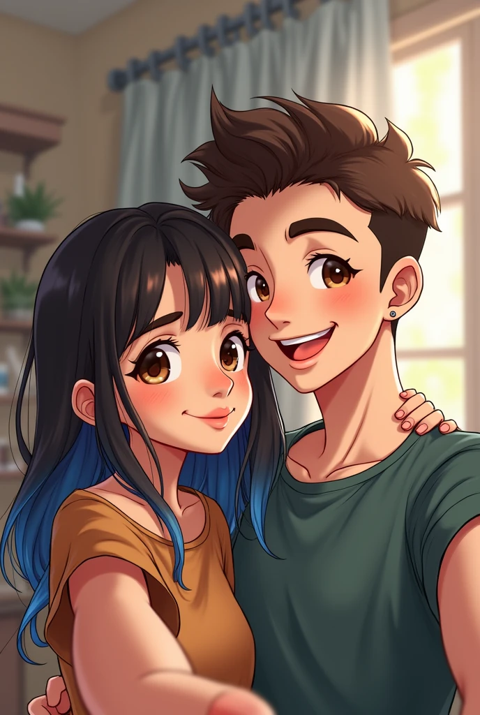 can you generate an 23 year old turkish girl who has dark brown and blue hair and brown eyes. she is at her home and taking a selfie. make her sillier. add an 23 year old turkish boy who has brown eyes and brown hair with an earing. make him taller than her and make them hug. make them lovers. create them like anime chrachters. make them more intimate. make him more masculine