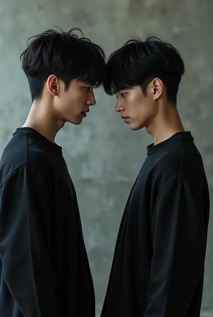 Two young men in black sweaters, standing back to back, hostile (Korean Face)